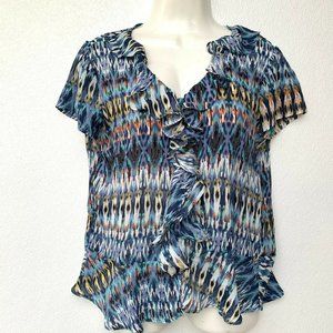 ESSENTIALleigh Women's Blouse Size Small Short Sleeve‎  Round Neck Ruffle Blue